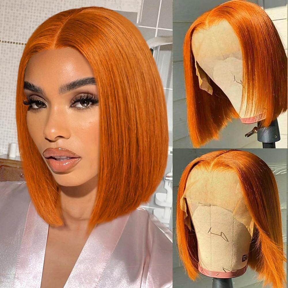 #350 Orange Straight Bob Wig 13x4 HD Lace Front Bob Wig Human Hair