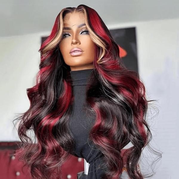 Mixed Black With Red & Blonde Highlights Colorful Loose Wave Glueless 13x4 Lace Front Wig