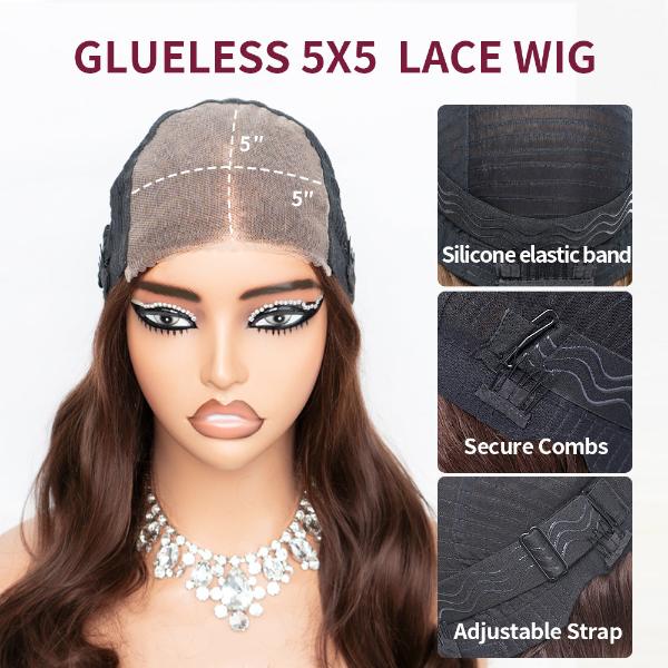 Chestnut Brown Loose Wave 5x5  Lace Closure Glueless Long Mid Part Long Wig 100% Human Hair