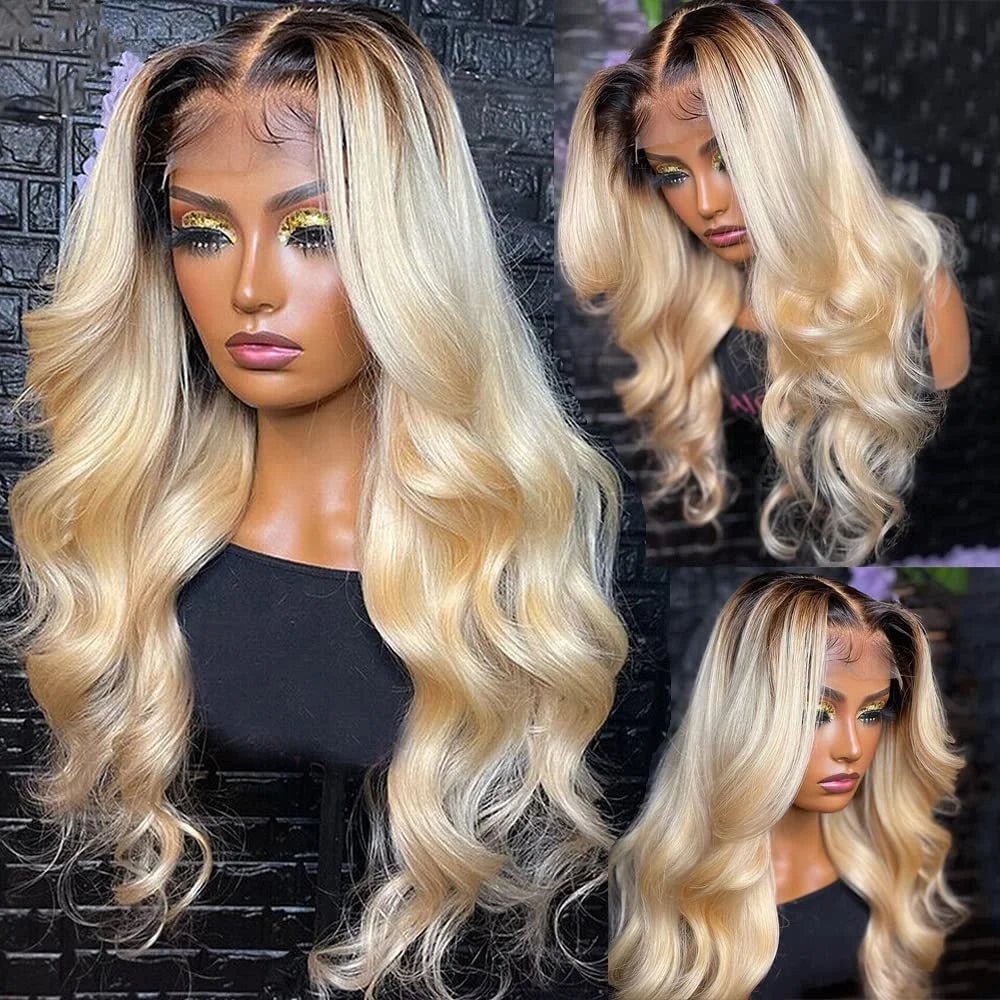 Ombre 1b/613 Blonde Brazilian Body Wave Human Hair Lace Front Wigs