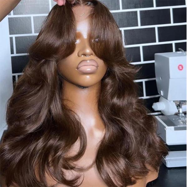 7X5 Chocolate Brown #4 Curtain Bangs 13x5 Pre Cut Body Wave Wig