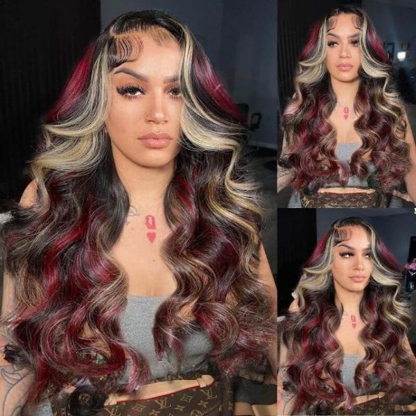 Mixed Black With Red & Blonde Highlights Colorful Loose Wave Glueless 13x4 Lace Front Wig