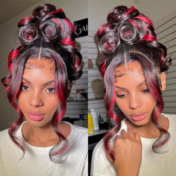 Mixed Black With Red & Blonde Highlights Colorful Loose Wave Glueless 13x4 Lace Front Wig