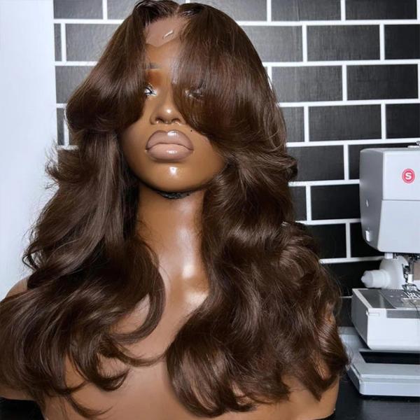 7X5 Chocolate Brown #4 Curtain Bangs 13x5 Pre Cut Body Wave Wig