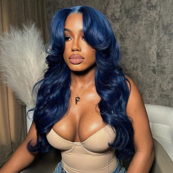 Blue Color Glueless Body Wave 4X4 Lace Closure Wig Human Hair