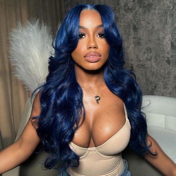 Blue Color Glueless Body Wave 4X4 Lace Closure Wig Human Hair