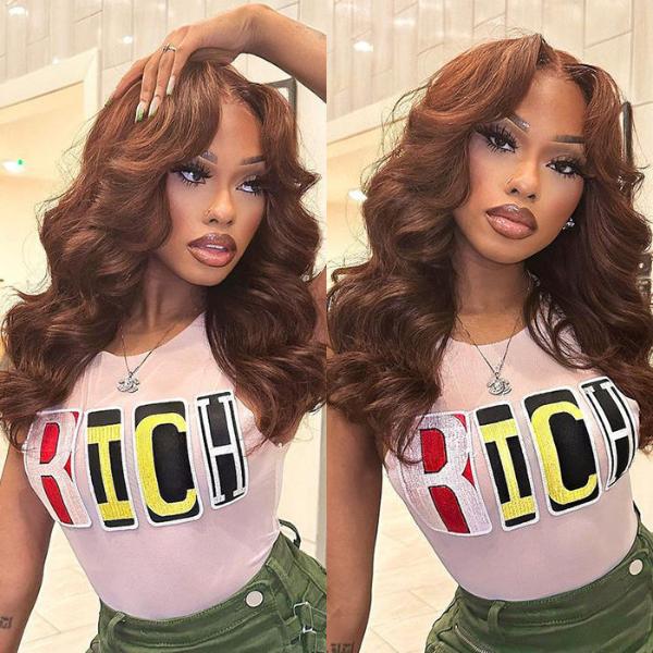 7X5 Chocolate Brown #4 Curtain Bangs 13x5 Pre Cut Body Wave Wig