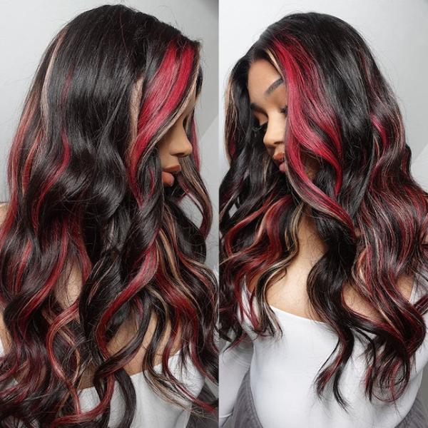 Mixed Black With Red & Blonde Highlights Colorful Loose Wave Glueless 13x4 Lace Front Wig