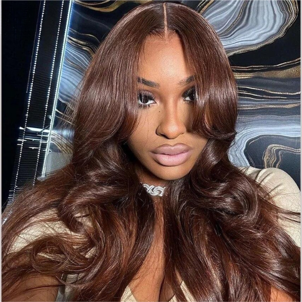 7X5 Chocolate Brown #4 Curtain Bangs 13x5 Pre Cut Body Wave Wig