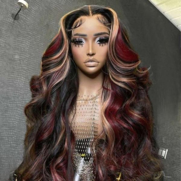 Mixed Black With Red & Blonde Highlights Colorful Loose Wave Glueless 13x4 Lace Front Wig