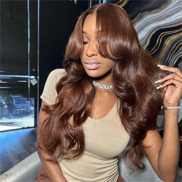 7X5 Chocolate Brown #4 Curtain Bangs 13x5 Pre Cut Body Wave Wig