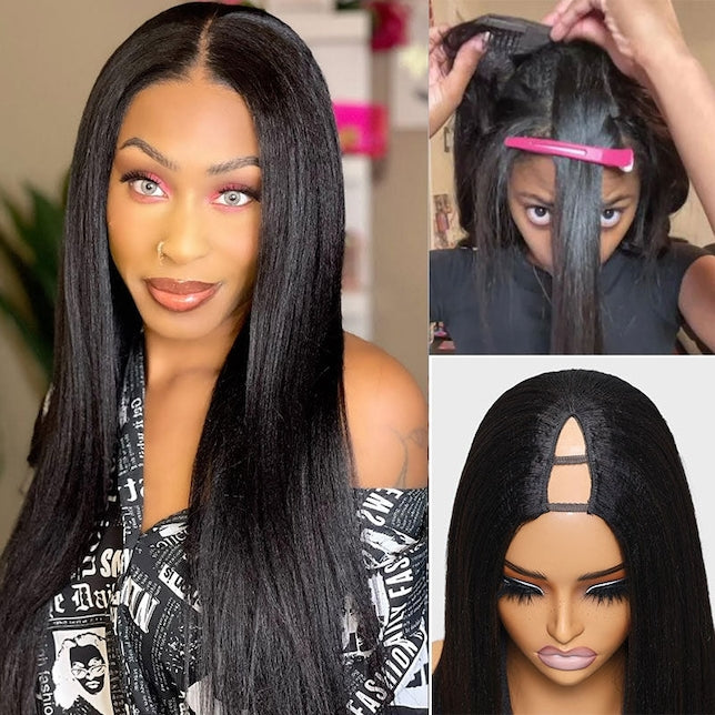 Yaki Straight Glueless V Part Wig Human Hair No Leave Out Put On And Go Wig