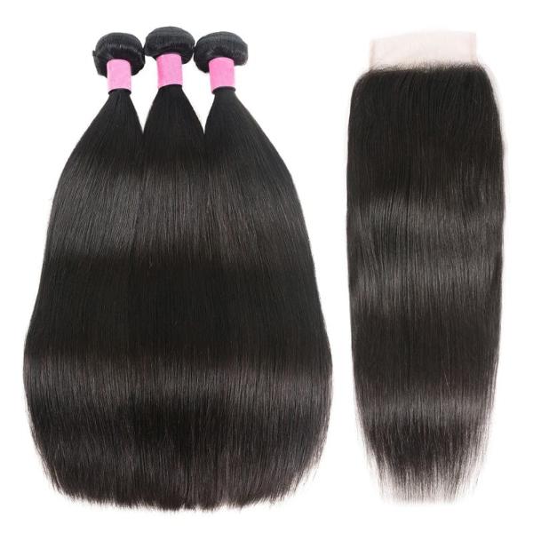 Klaiyi 8A Malaysian Straight Virgin Hair 3 Bundles with 4x4 Lace Closure