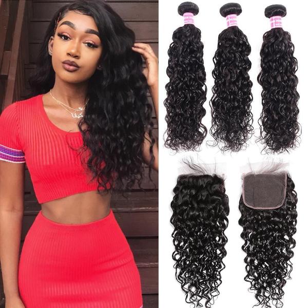 Brazilian Water Wave Human Hair 3 Bundles Deal with 4x4 Swiss Lace Closure