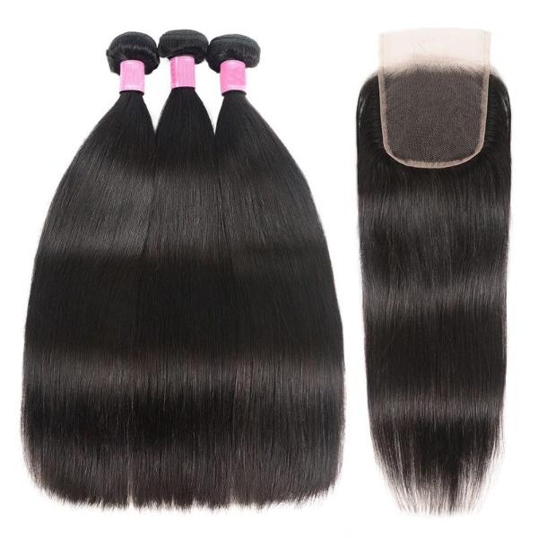 Klaiyi 8A Malaysian Straight Virgin Hair 3 Bundles with 4x4 Lace Closure