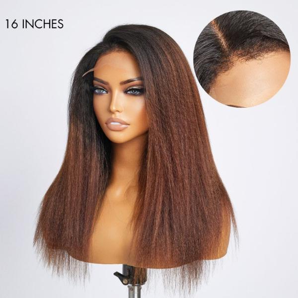 4C Edges | Natural Black / Ombre Brown Kinky Edges Kinky Straight 5x5 Closure Glueless Long Wig 100% Human Hair