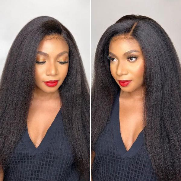 4C Edges | Natural Black / Ombre Brown Kinky Edges Kinky Straight 5x5 Closure Glueless Long Wig 100% Human Hair