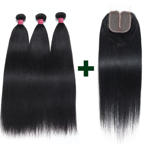 Yaki Straight Hair Bundles with Closure Brazilian Hair 3 Bundles with 4*1 Lace Part Closure