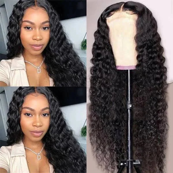 Deep Wave 4x4 Closure Lace Glueless Mid Part Long Curly Wig 100% Human Hair