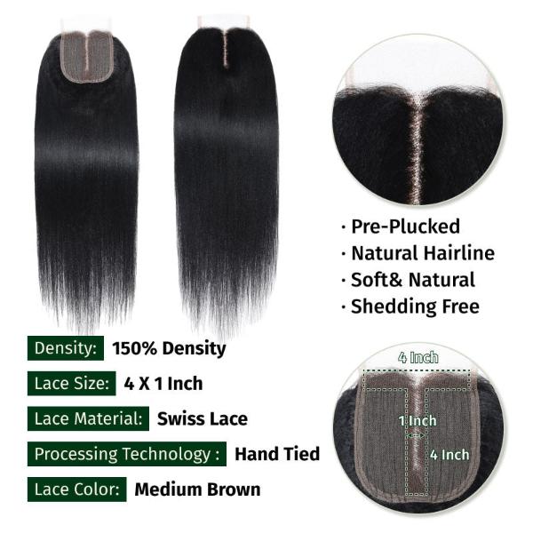 Yaki Straight Hair Bundles with Closure Brazilian Hair 3 Bundles with 4*1 Lace Part Closure