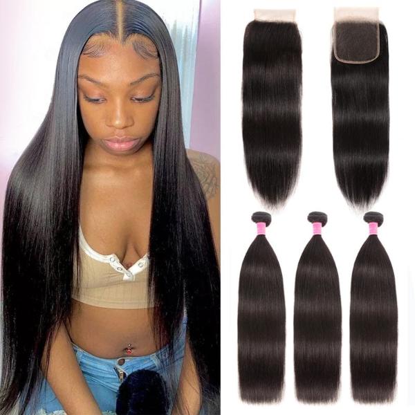 Klaiyi 8A Malaysian Straight Virgin Hair 3 Bundles with 4x4 Lace Closure