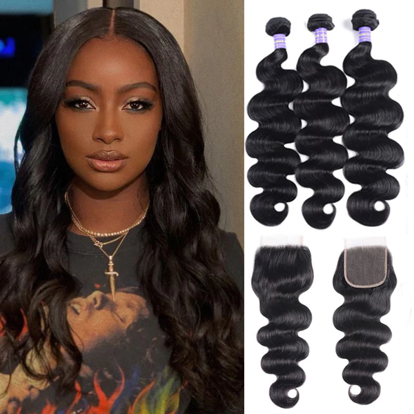 IUPin Remy Hair Brazilian Body Wave 3 Bundles with 4*4 Lace Closure