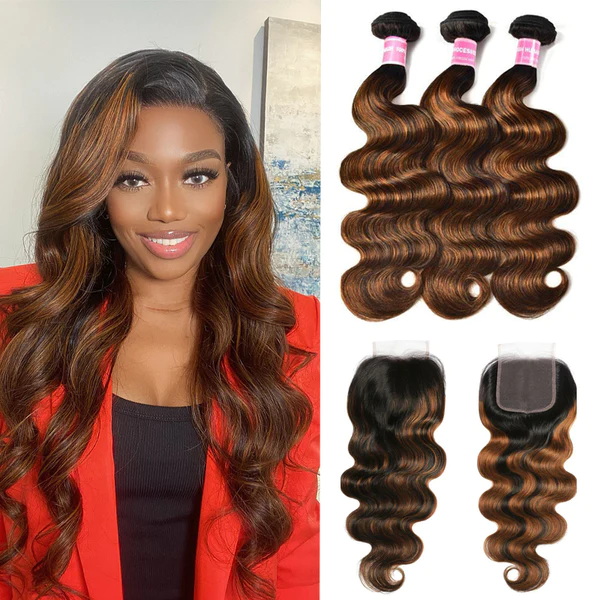 Balayage Hair Color 3 Bundles with Lace Closure Pre Plucked Free Part Highlights Ombre Hair Bundles Body Wave