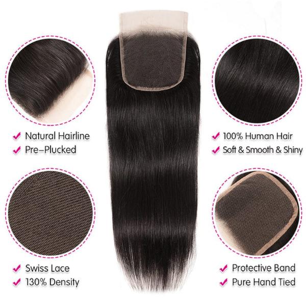 Klaiyi 8A Malaysian Straight Virgin Hair 3 Bundles with 4x4 Lace Closure