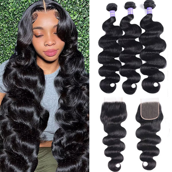 IUPin Remy Hair Brazilian Body Wave 3 Bundles with 4*4 Lace Closure