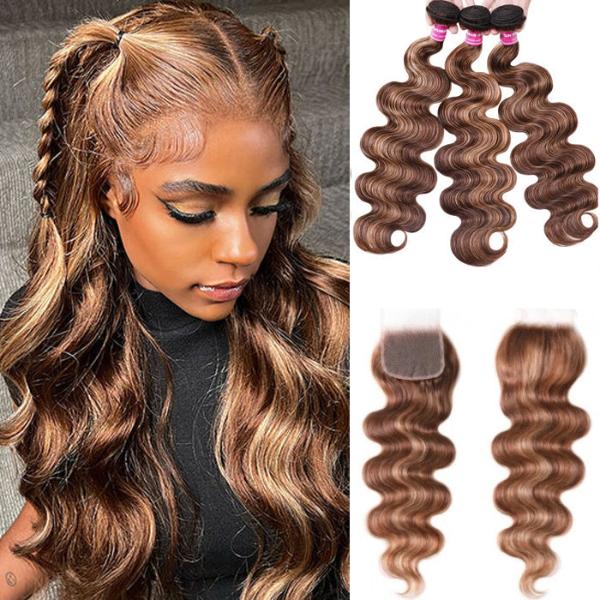 3 Bundles with Lace Closure Ombre Honey Blonde Highlight Color