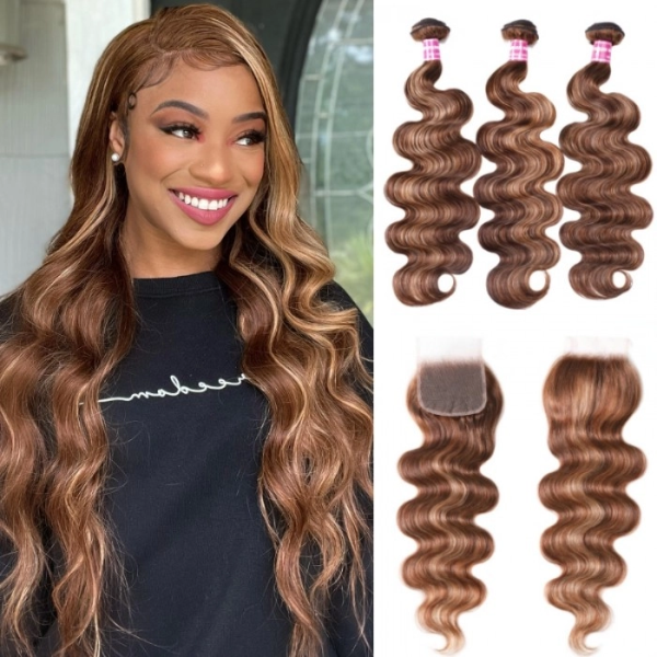 3 Bundles with Lace Closure Ombre Honey Blonde Highlight Color