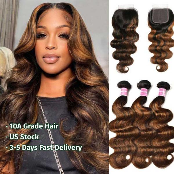 Balayage Hair Color 3 Bundles with Lace Closure Pre Plucked Free Part Highlights Ombre Hair Bundles Body Wave