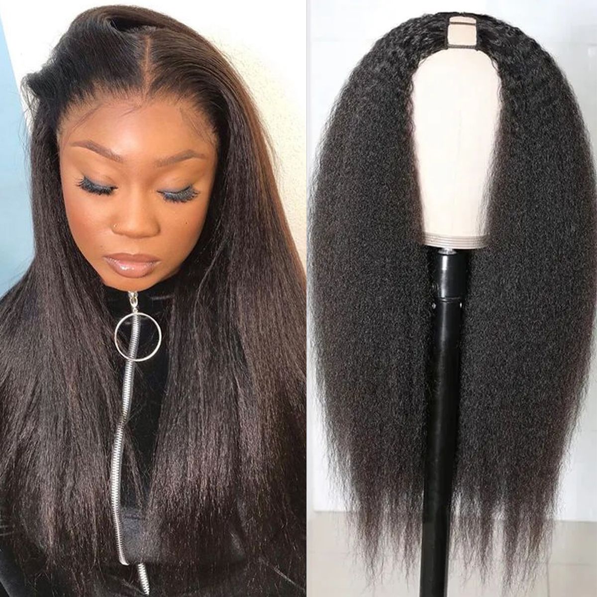 Kinky Straight Hair Wigs Human Hair Yaki U Part Wig 150% Density