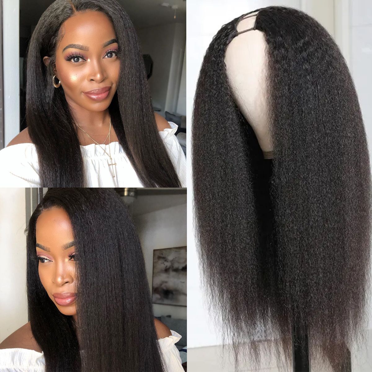 Kinky Straight Hair Wigs Human Hair Yaki U Part Wig 150% Density