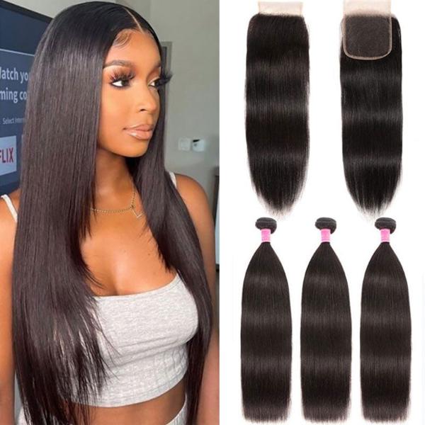 Straight Virgin Hair 3 Bundles with 4x4 Transparent Lace Closure Pre Plucked