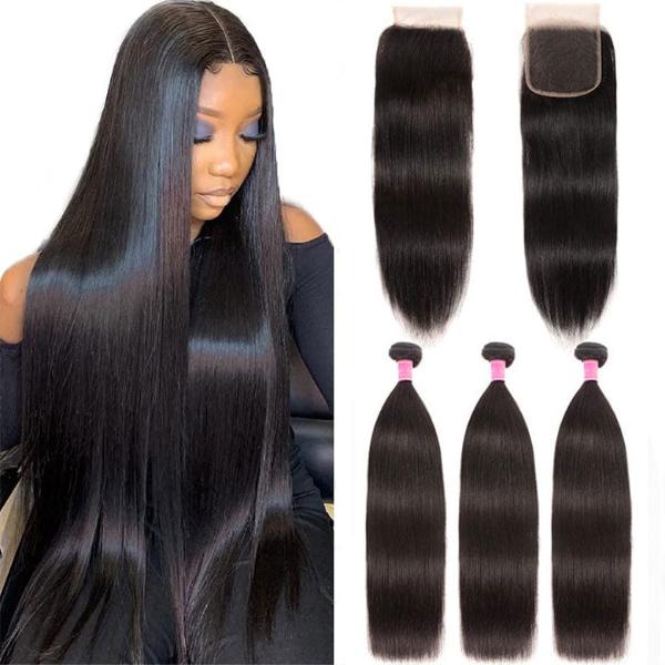 Straight Virgin Hair 3 Bundles with 4x4 Transparent Lace Closure Pre Plucked