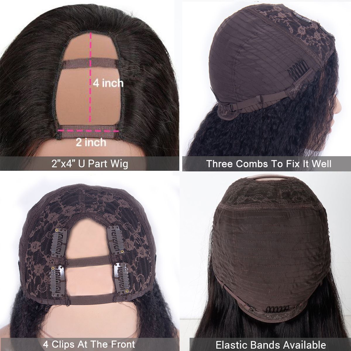 Kinky Straight Hair Wigs Human Hair Yaki U Part Wig 150% Density