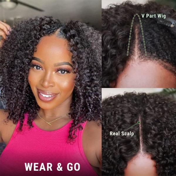 4C Kinky Curly V Part Wigs Meets Real Scalp