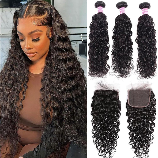 Brazilian Water Wave Human Hair 3 Bundles Deal with 4x4 Swiss Lace Closure