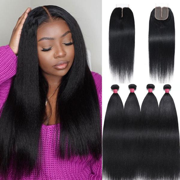 Yaki Straight Hair Bundles with Closure Brazilian Hair 3 Bundles with 4*1 Lace Part Closure