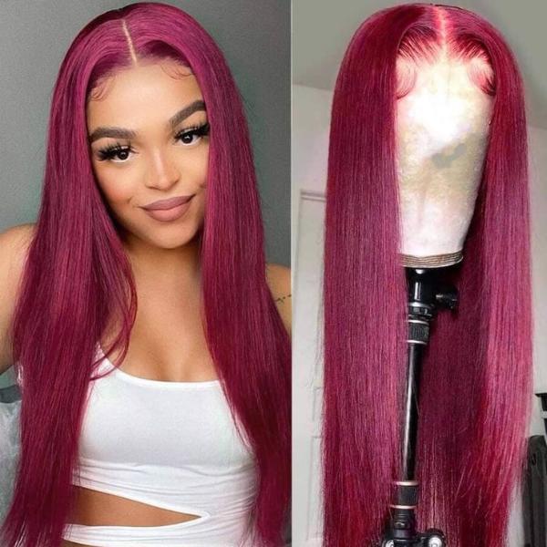 New 99J HD 13x4 5x5 Lace Frontal Wigs Affordable Burgundy Straight Wigs