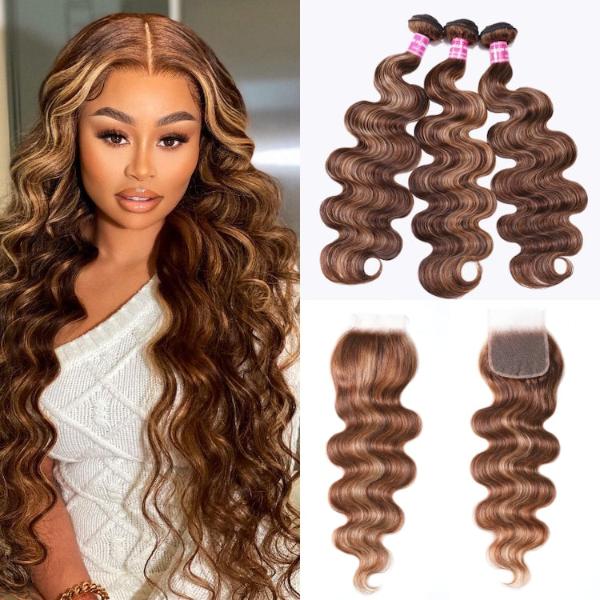 3 Bundles with Lace Closure Ombre Honey Blonde Highlight Color