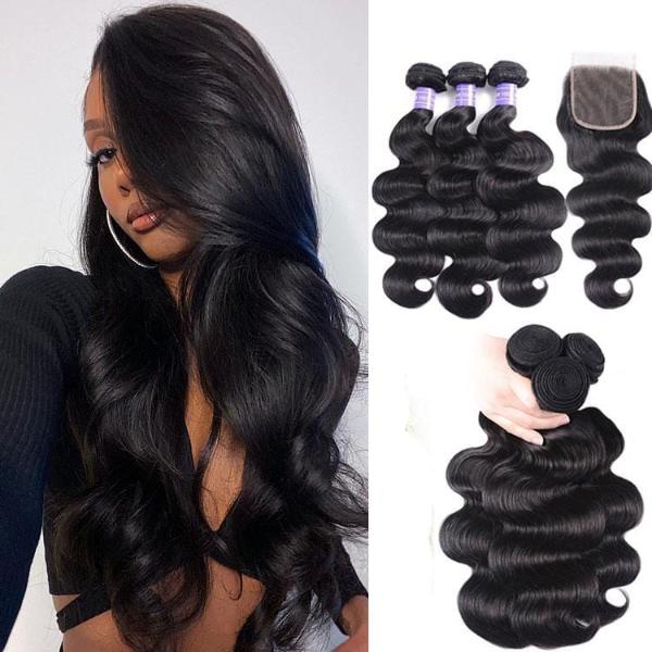 IUPin Remy Hair Brazilian Body Wave 3 Bundles with 4*4 Lace Closure