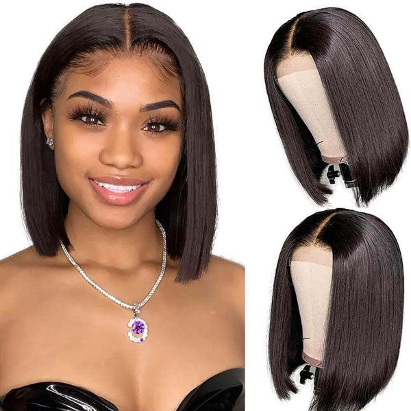 Glueless Pre-Cut 4x6 HD Lace Closure Human Hair Short Bob Wigs Straight Wear and Go Wigs