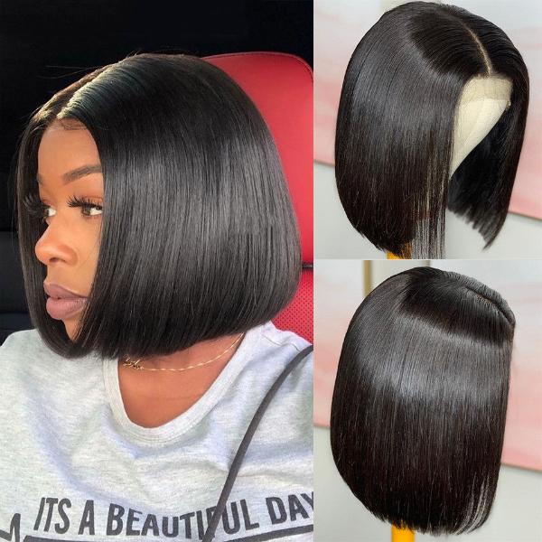 Glueless Pre-Cut 4x6 HD Lace Closure Human Hair Short Bob Wigs Straight Wear and Go Wigs